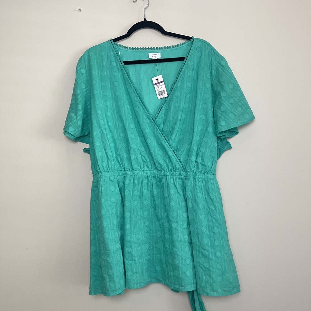 NWT Crown & Ivy Teal Wrap Blouse Textured V-Neck Peplum Preppy Chic Summer Light